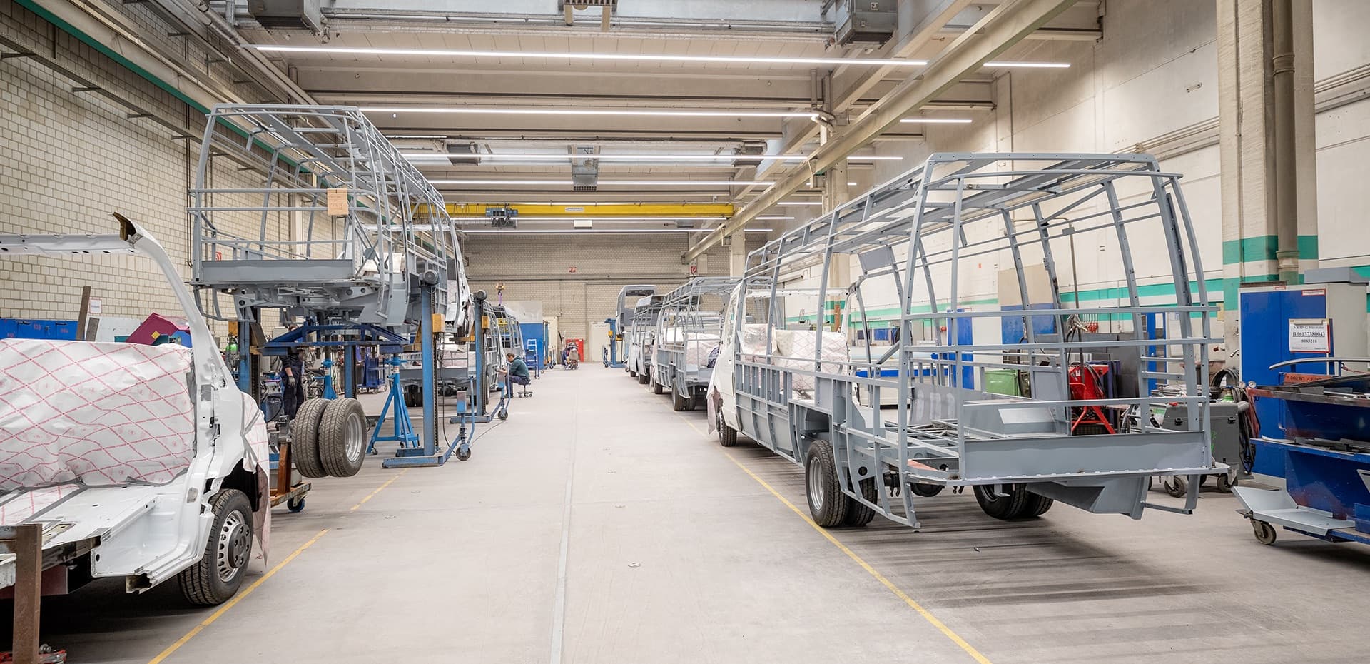 Minibus frames on the production floor at Tremonia